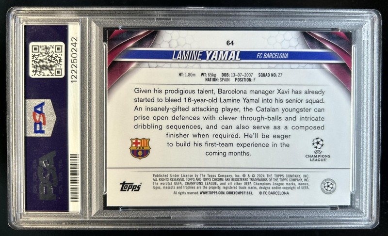 2023-24 Topps Chrome UEFA Lamine Yamal RC Aqua Prism Refractor Rookie #64 PSA 10 view 2