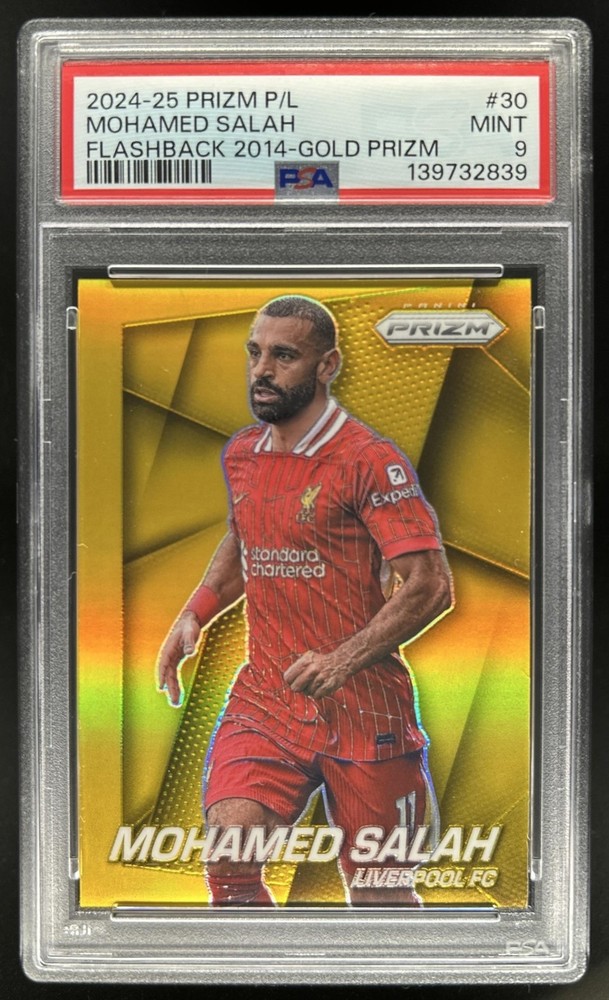 2024-25 Panini Prizm Premier League Mohamed Salah Flashback 2014 Gold #/10 PSA 9