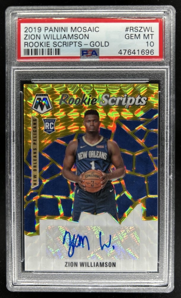 2019-20 Panini Mosaic Zion Williamson Rookie Scripts RC Gold Auto #/25 PSA 10