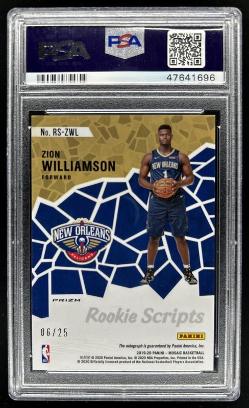 2019-20 Panini Mosaic Zion Williamson Rookie Scripts RC Gold Auto #/25 PSA 10 view 2