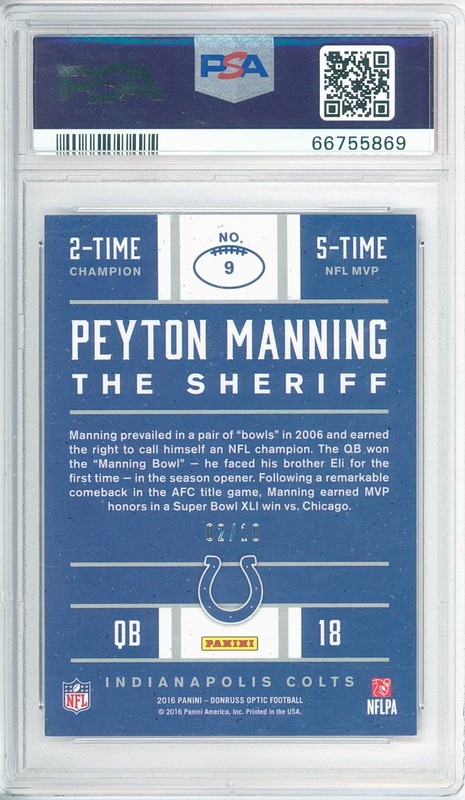 2016 Panini Donruss Optic PEYTON MANNING #9 The Sheriff Gold 02/10 💎 PSA 9 Mint view 2