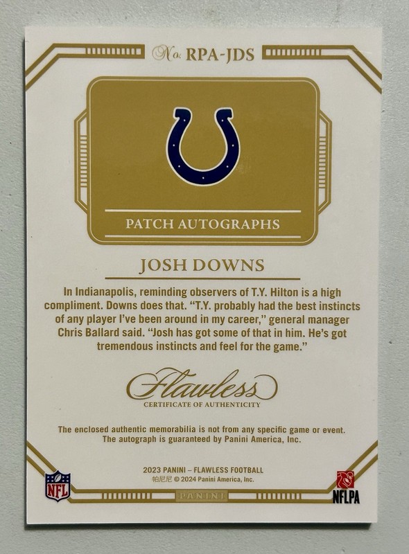 2023 Panini Flawless Josh Downs Rookie Silver Patch Auto RC /20 Colts RPA-JDS view 2