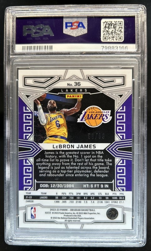 2022-23 Panini Obsidian LeBron James Electric Etch Purple #/99 Lakers PSA 10 view 2