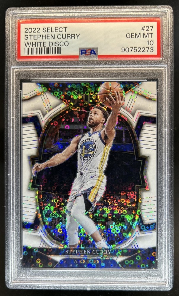 2022-23 Panini Select Stephen Curry White Disco Prizm Concourse #/75 PSA 10