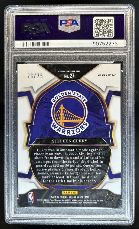 2022-23 Panini Select Stephen Curry White Disco Prizm Concourse #/75 PSA 10 view 2