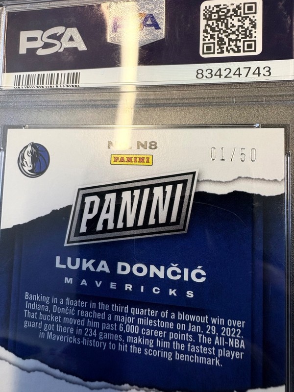 2022 Panini Natl. Luka Doncic #N8 Insert Blue 01/50 FIRST ON PRINT - PSA 10 view 2