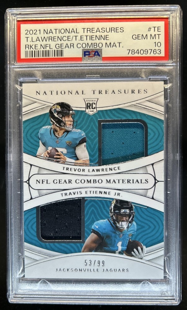 2021 National Treasures Travis Etienne Trevor Lawrence Rookie Jersey #/99 PSA 10
