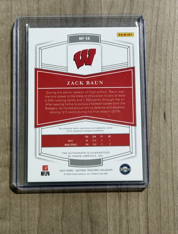 2020 Panini National Treasures Collegiate Zack Baun /99 Auto Wisconsin #14 view 2