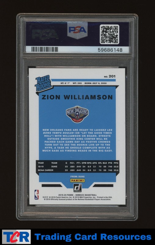 2019 Panini Donruss #201 Zion Williamson PSA 10 GEM MT view 2