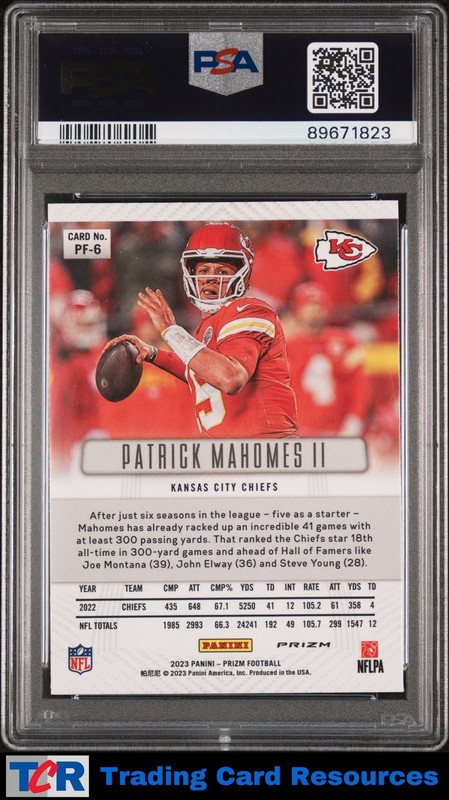 2023 Prizm #PF-6 Patrick Mahomes II Prizm Flashback Prizms No Huddle PSA 10 view 2