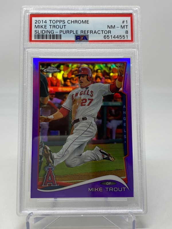 2014 Topps Chrome #1 Mike Trout Sliding PURPLE REFRACTOR - PSA 8 - POP 99 view 2