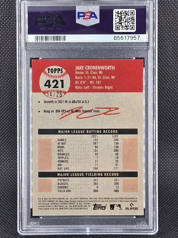 JAKE CRONENWORTH #421 2022 Topps Chrome Platinum Anniversary Orange /25 Psa 9 view 2