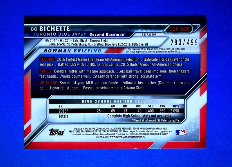 2016 Bowman Draft Chrome Bo Bichette Refractor Auto 1st Bowman #’d /499 view 2