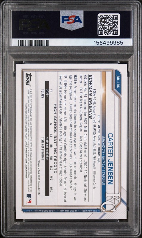 2021 BOWMAN DRAFT 1ST ED #BD106 CARTER JENSEN PSA 10 view 2