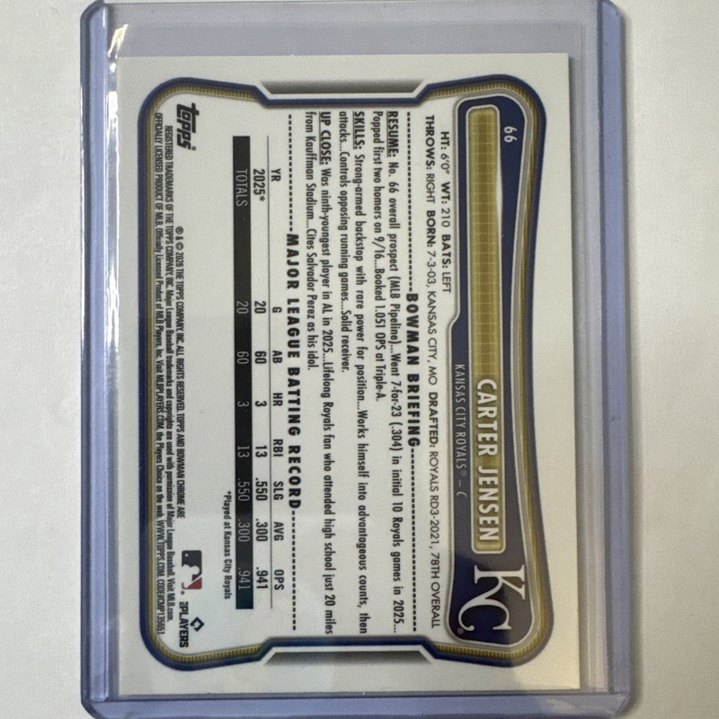 2026 Bowman Chrome Carter Jensen Green Mojo Refractor /399 #66 KC Royals RC view 2