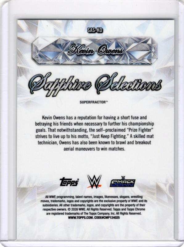 🚨 Kevin Owens 1/1 SuperFractor Sapphire Selections 2026 Topps Chrome Sapphire view 2