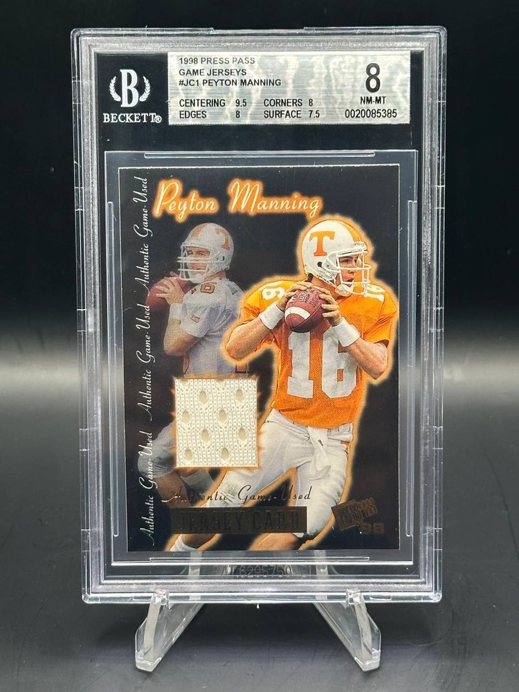 1998 Press Pass PEYTON MANNING Authentic Game Used Jersey Card /450 BGS 8