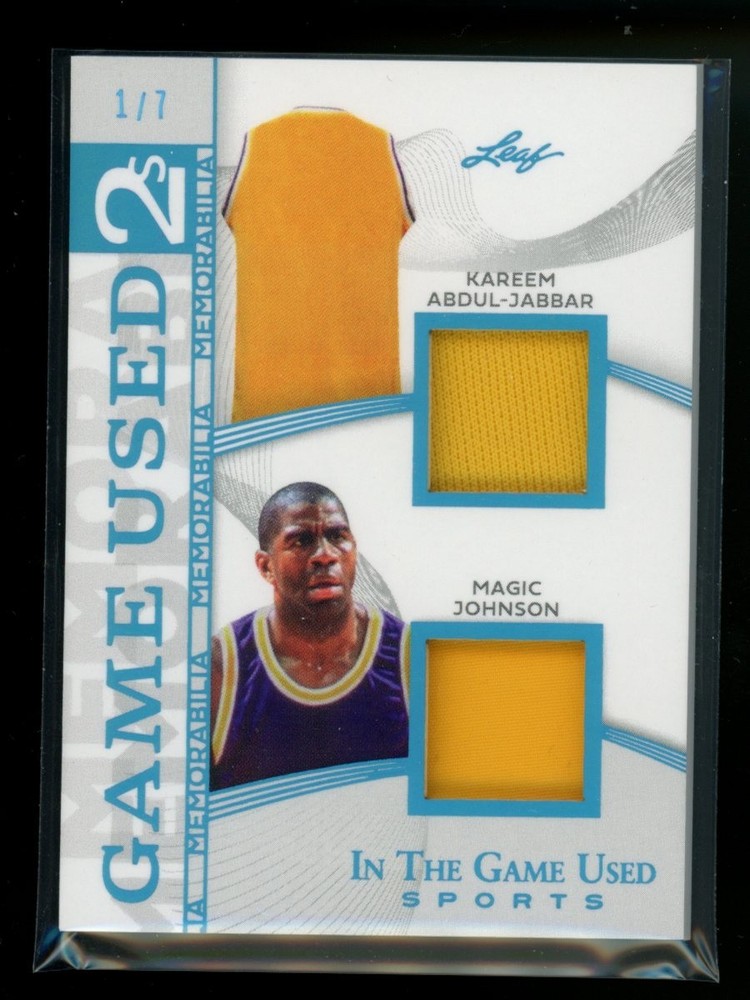 MAGIC JOHNSON KAREEM ABDUL-JABBAR 2025 Leaf in the Game Used JERSEY RELIC #/7