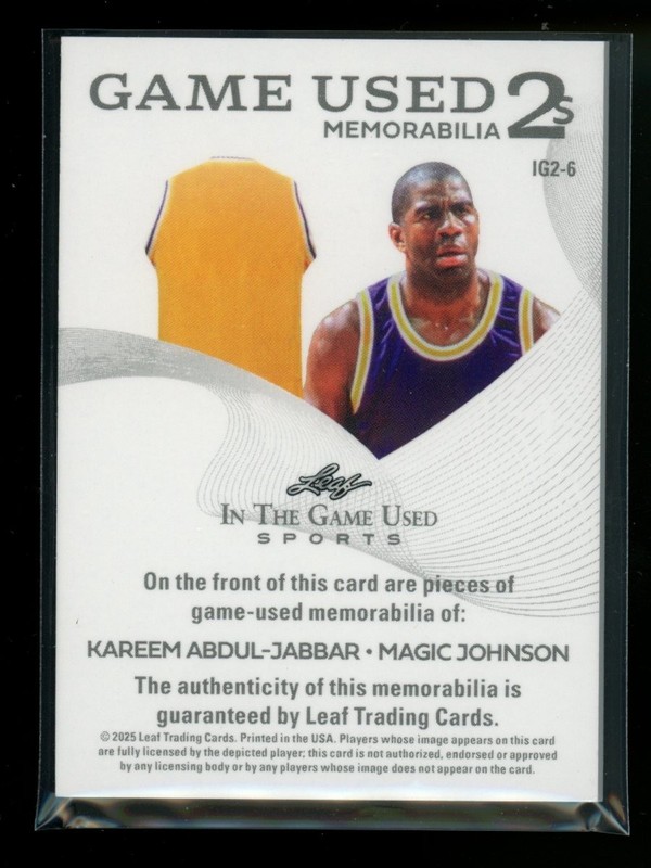 MAGIC JOHNSON KAREEM ABDUL-JABBAR 2025 Leaf in the Game Used JERSEY RELIC #/7 view 2