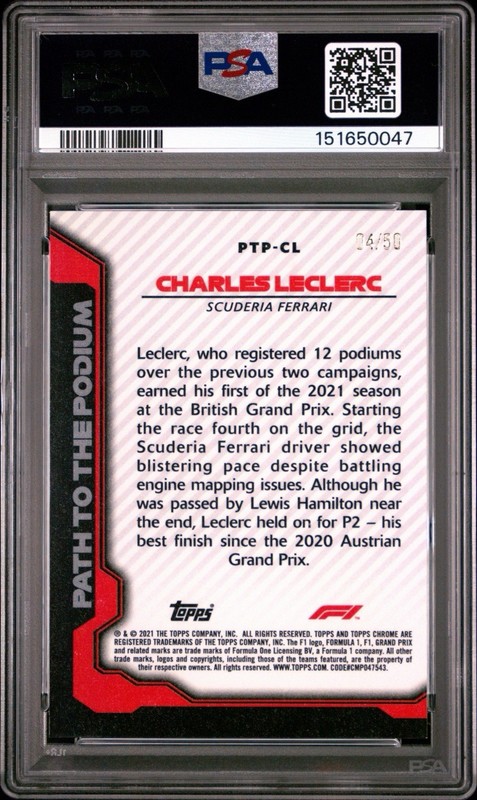 2021 Topps Chrome F1 Charles Leclerc Path To The Podium Gold Wave /50 PSA 9 view 2