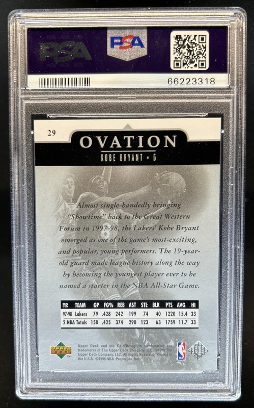 1998-99 Upper Deck Ovation Kobe Bryant #29 Lakers PSA 10 GEM MINT view 2