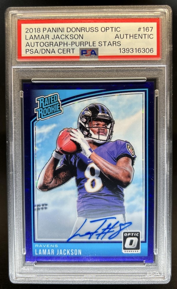 2018 Donruss Optic Lamar Jackson Rated Rookie Auto Purple Stars RC #/50 PSA AUTH