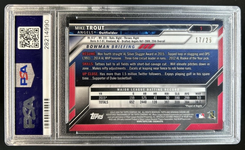 2016 Bowman Chrome Mike Trout Orange Refractor #/25 Angels PSA 9 view 2