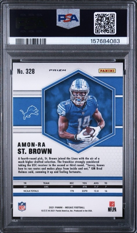 2021 Panini Mosaic 🔴🔥Red Mosaic Amon-Ra St. Brown RC #328 SSP PSA 10 Gem! view 2