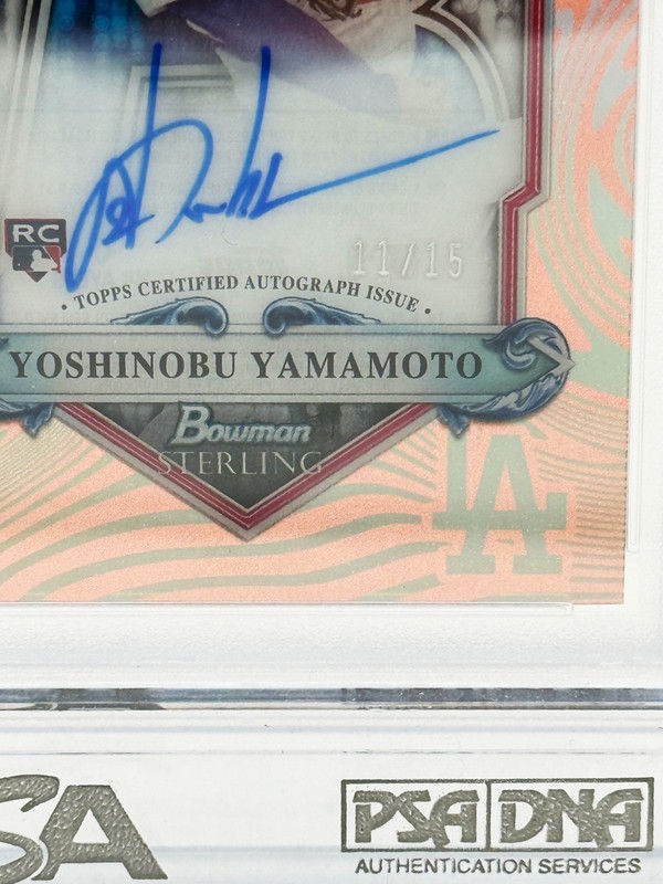 2024 Bowman Sterling Tek Auto Yoshinobu Yamamoto RC Rose Gold /15 PSA 10 AUTO 10 view 2