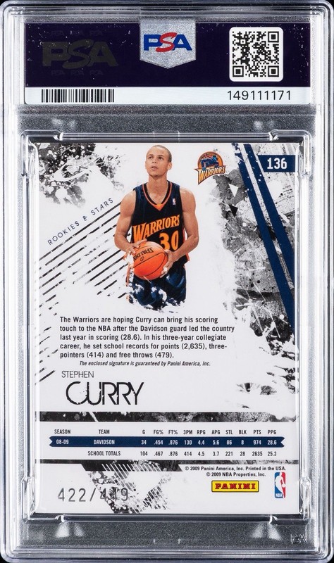 2009 Stephen Curry Panini Rookies Stars Patch Auto /449 PSA 8 RPA Autograph #136 view 2