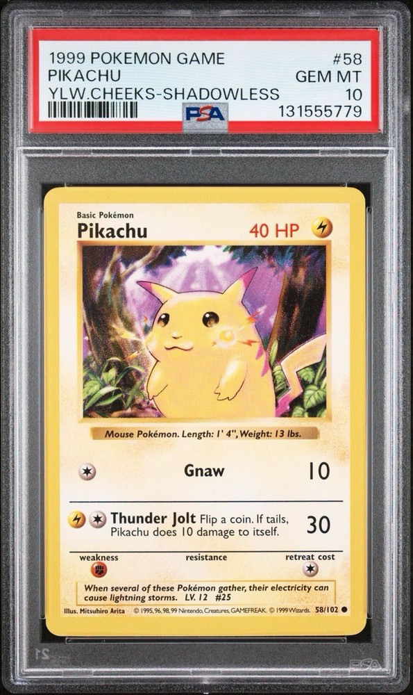 1999 Pokemon Game #58 Pikachu Yellow Cheeks Shadowless PSA 10 GEM MINT