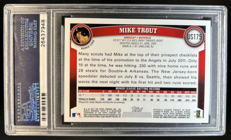 2011 Topps Update Mike Trout RC Rookie #US175 Angels PSA 10 GEM MINT view 2