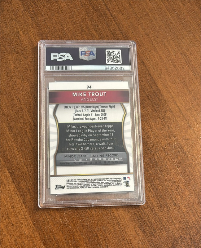 Mike Trout 2011 Topps Finest Rookie #94 Los Angeles Angels RC PSA 9 view 2