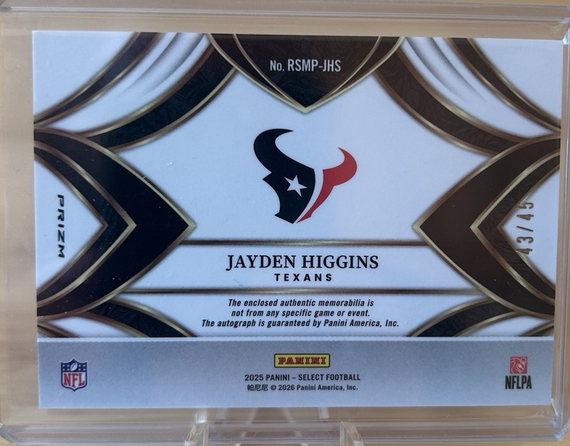 2025 Panini Select Jayden Higgins Rookie Patch Auto Blue #/45 SP Texans view 2
