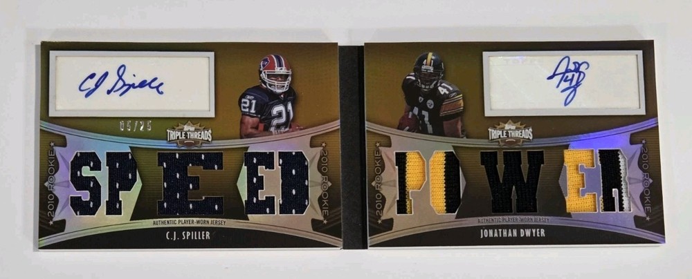 2010 Triple Threads C.J. SPILLER / JONATHAN DWYER RC BOOKLET DUAL AUTO PATCH /25