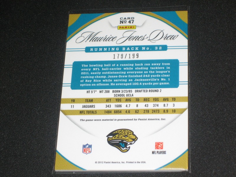 MAURICE JONES-DREW JAGUARS AUTHENTIC EVENT GAME USED JERSEY FOOTBALL CARD #/199 view 2