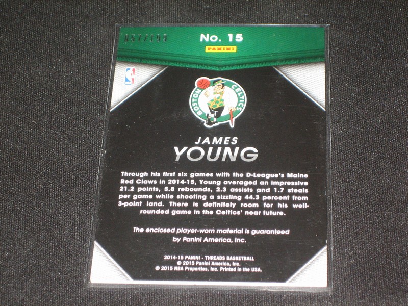 JAMES YOUNG ROOKIE CELTIC 2015 PANINI CERTIFIED GAME USED JERSEY BASKETBALL CARD view 2