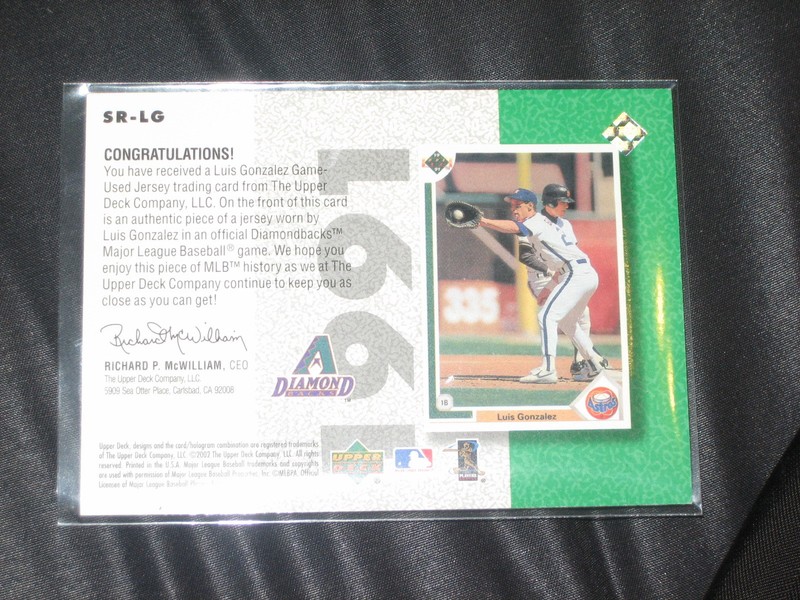 LUIS GONZALEZ D-BACKS GENUINE CERTIFIED AUTHENTIC BASEBALL GAME USED JERSEY CARD view 2