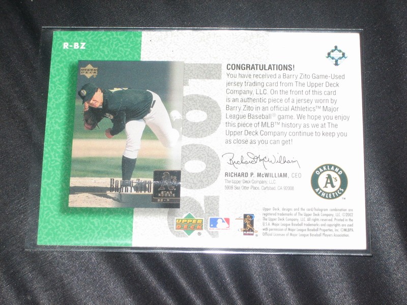 BARRY ZITO A'S GENUINE CERTIFIED AUTHENTIC BASEBALL GAME USED JERSEY CARD view 2
