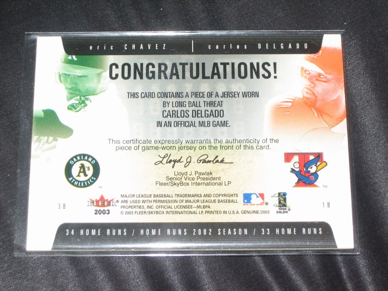 CARLOS DELGADO JAYS GENUINE CERTIFIED AUTHENTIC BASEBALL GAME USED JERSEY CARD view 2