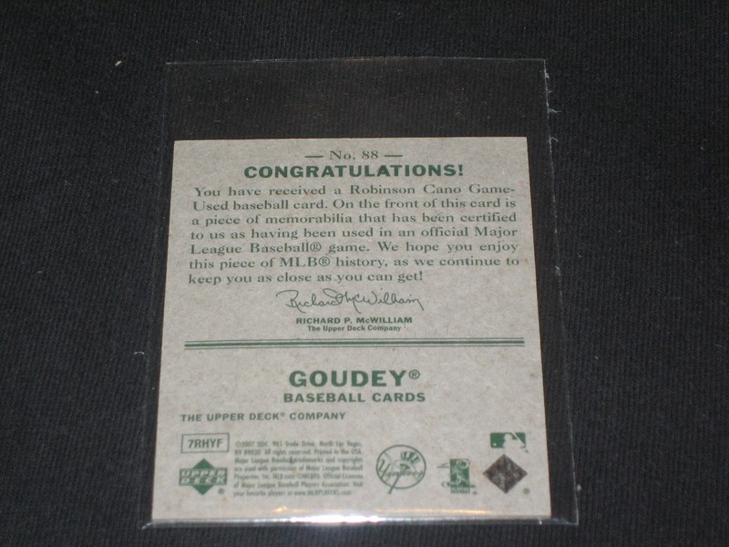 ROBINSON CANO YANKEES LEGEND CERTIFIED AUTHENTIC BASEBALL GAME USED JERSEY CARD view 2