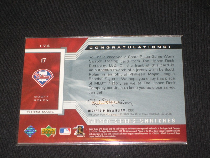SCOTT ROLEN PHILLIE STAR CERTIFIED AUTHENTIC BASEBALL GAME USED JERSEY CARD /800 view 2