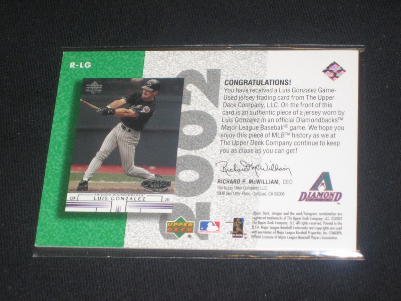 LUIS GONZALEZ DIAMONDBACKS CERTIFIED AUTHENTIC BASEBALL GAME USED JERSEY CARD view 2