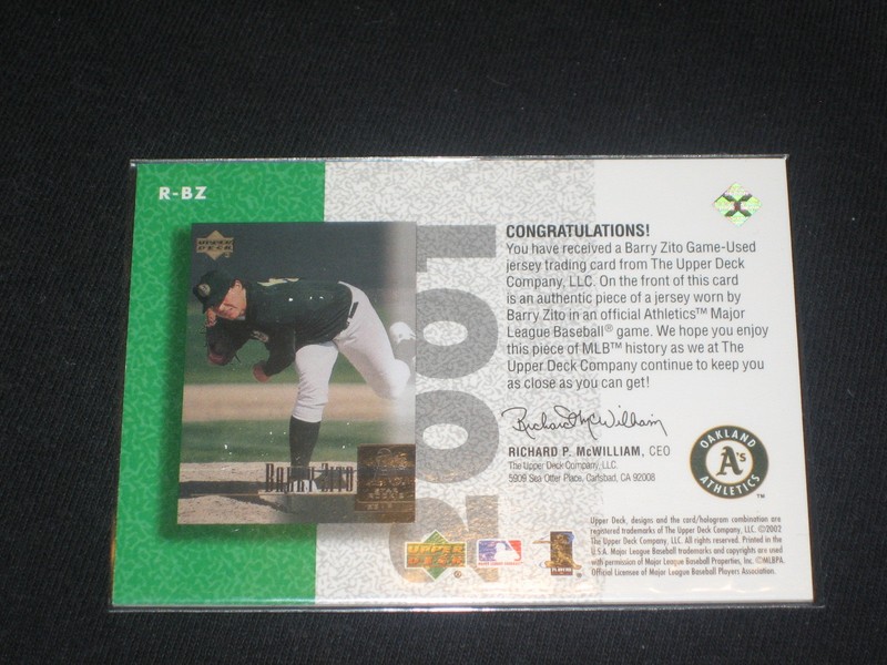 BARRY ZITO A'S LEGEND CERTIFIED AUTHENTIC BASEBALL GAME USED JERSEY CARD view 2
