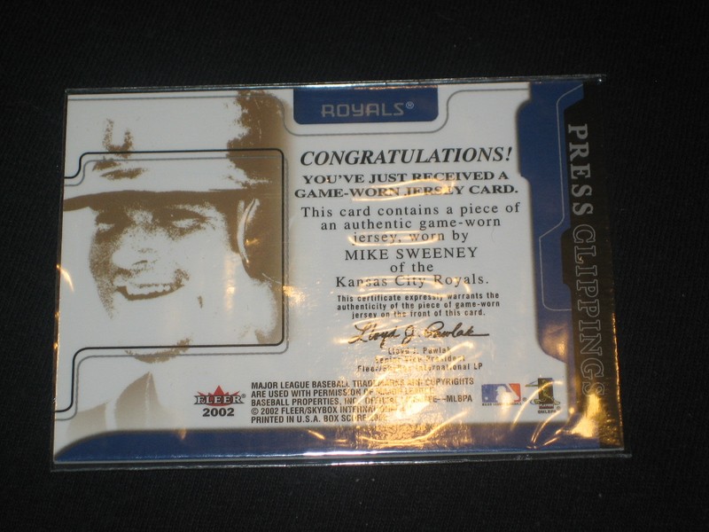 MIKE SWEENEY ROYALS LEGEND CERTIFIED AUTHENTIC BASEBALL GAME USED JERSEY CARD view 2