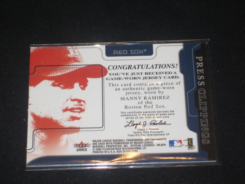 MANNY RAMIREZ 2002 LEGEND CERTIFIED AUTHENTIC BASEBALL GAME USED JERSEY CARD view 2