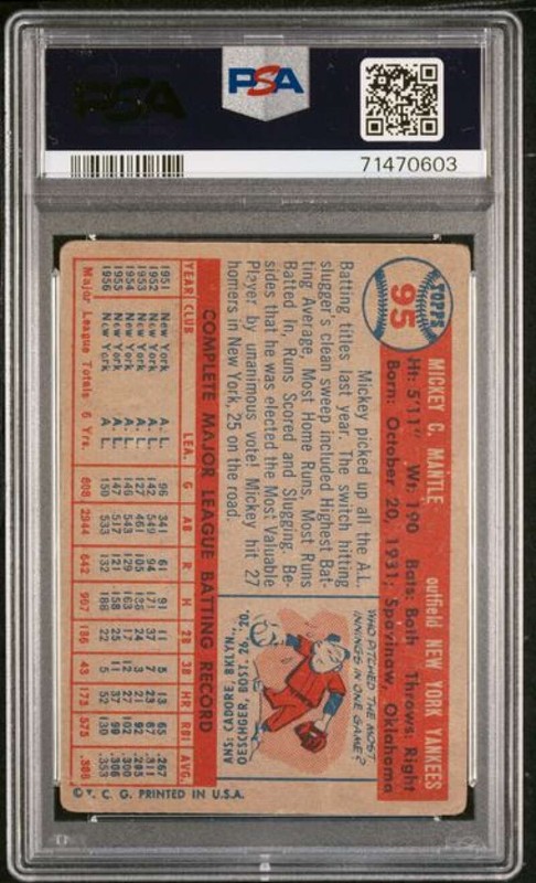 1957 Topps #95 Mickey Mantle PSA 1 Yankees  (0603) view 2