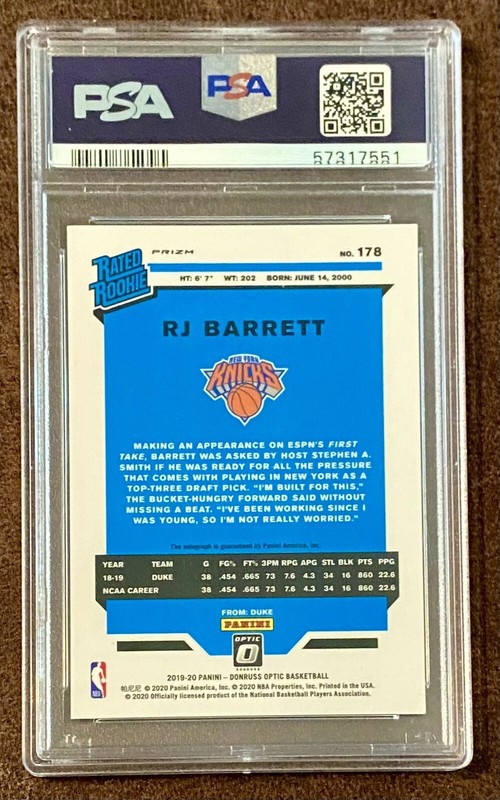 2019 Panini Optic RJ Barrett rated rookie auto holo silver PSA 9 Low Pop view 2
