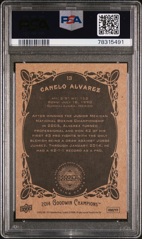 CANELO ALVAREZ SIGNED 2014 UD GOODWIN ROOKIE CARD AUTOGRAPHED #13 ~ PSA 8 AUTO view 2