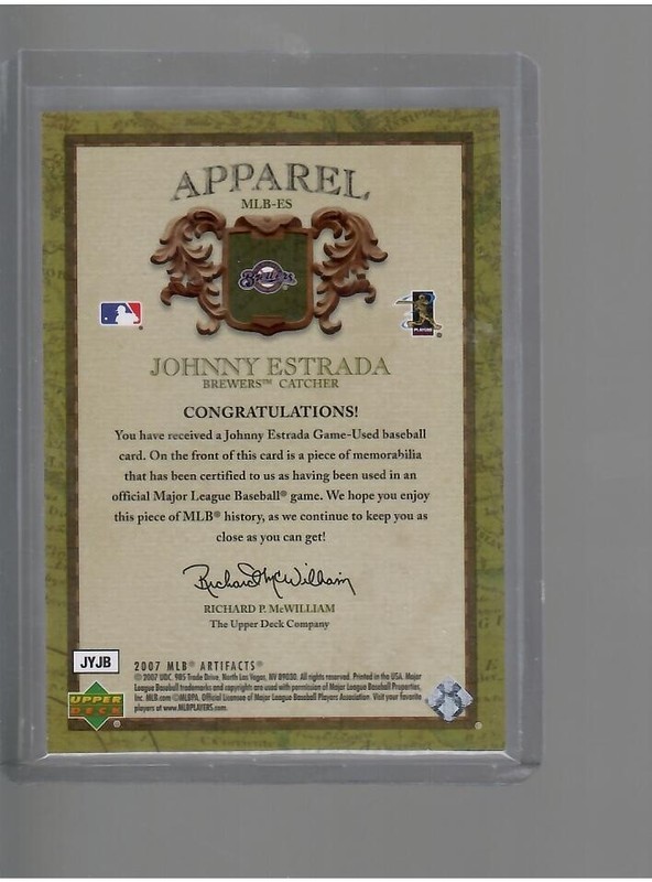 JOHNNY ESTRADA GAME USED JERSEY CARD 2007 UPPER DECK ARTIFACT BASEBALL view 2